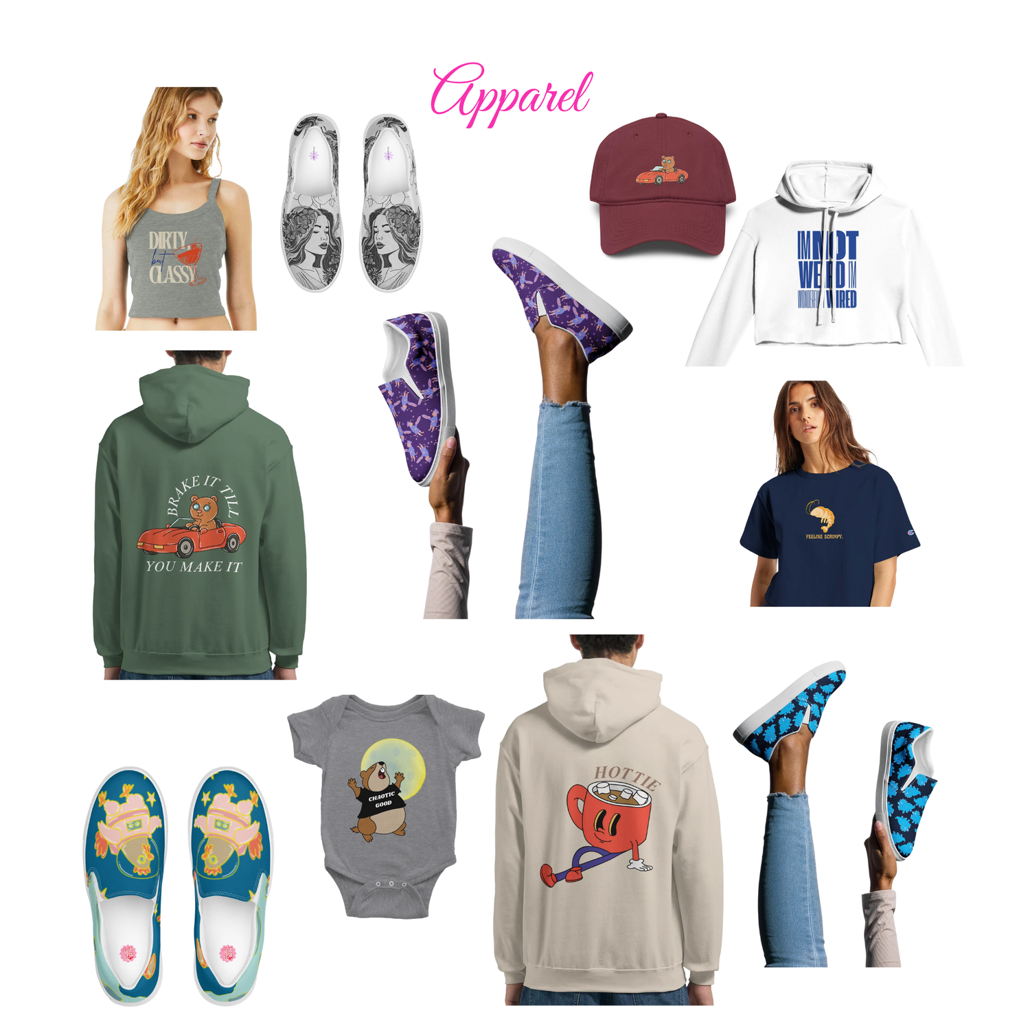 Artistic apparel collection featuring original artwork by Hasty and Audi including t-shirts, hats, tank tops, baby clothing and wearable art.