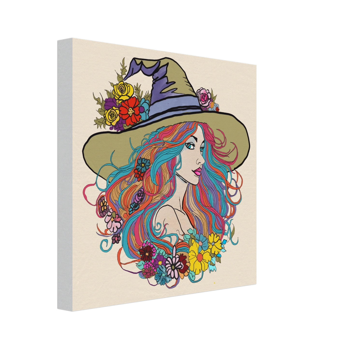 Colorful witch print on canvas side angle
