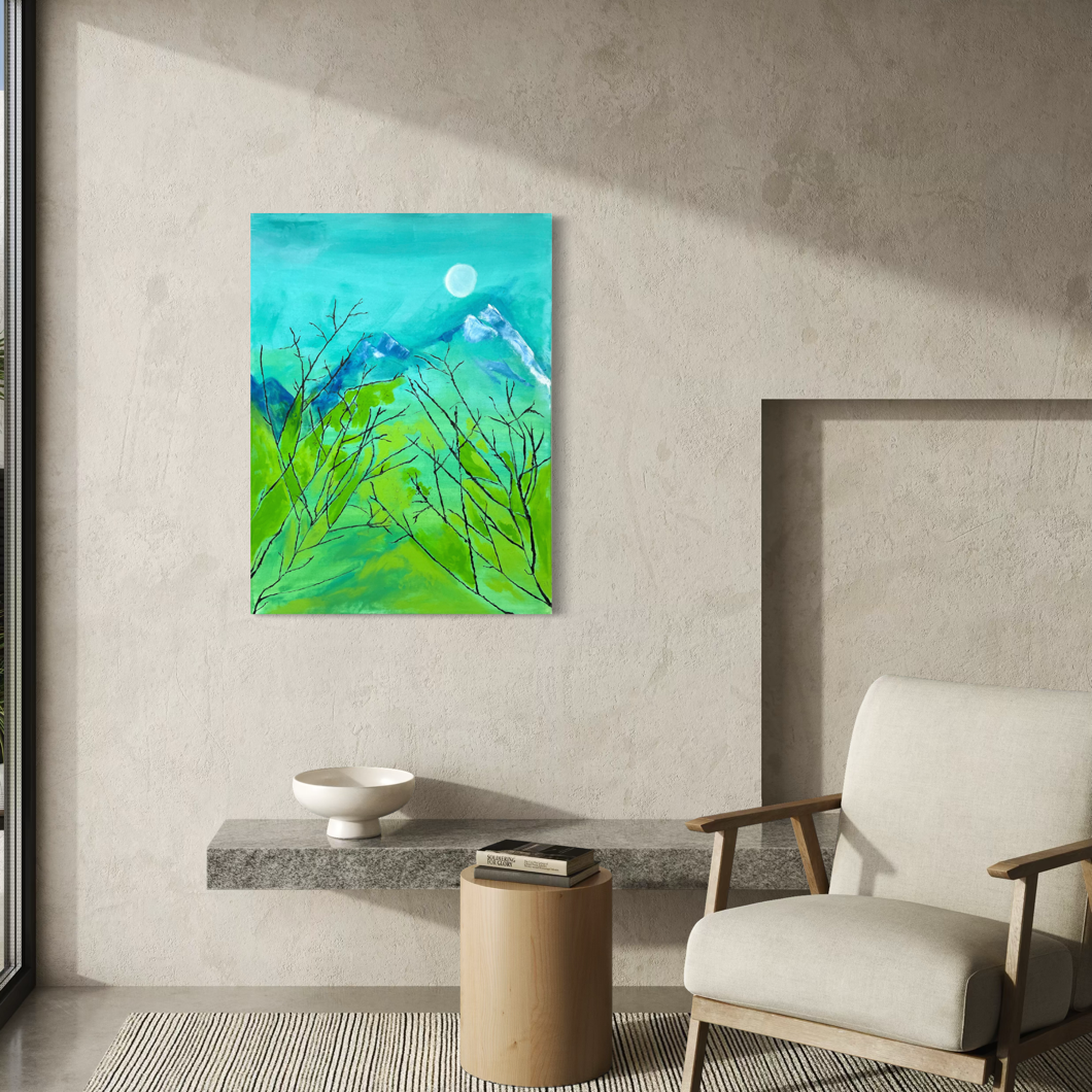 A vertical canvas art print depicting a vibrant green and blue landscape with a sun, displayed on a textured beige wall in a modern living room setting.