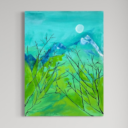 A vertical canvas painting of a mountain landscape under a full moon, featuring vibrant green and turquoise tones with black sketch-like tree branches in the foreground, shown hanging on a light gray wall.