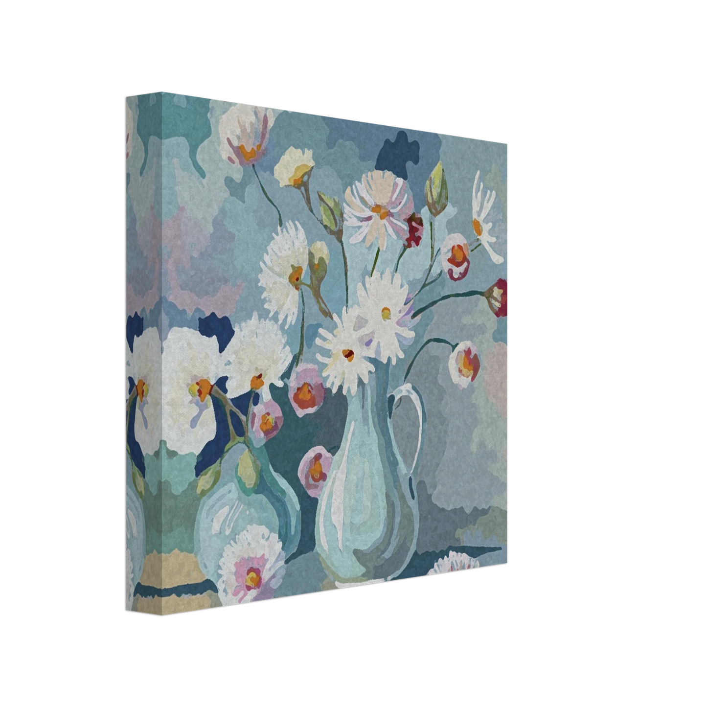 Garden flowers in vases with a soft blue romantic background
