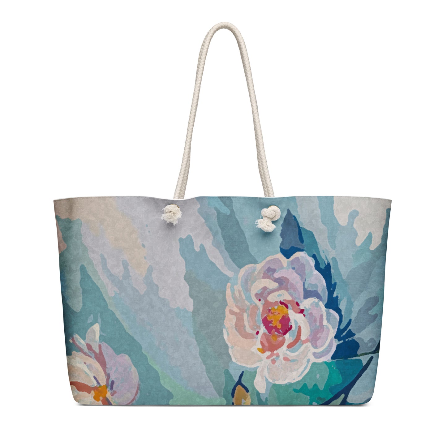 Soft Garden oversized floral travel tote bag original artwork by Hasty back view