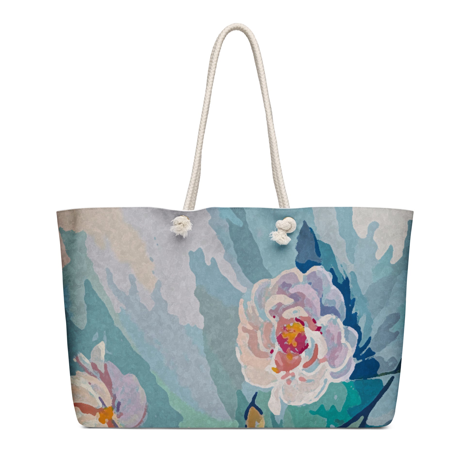 Soft Garden oversized floral travel tote bag original artwork by Hasty back view