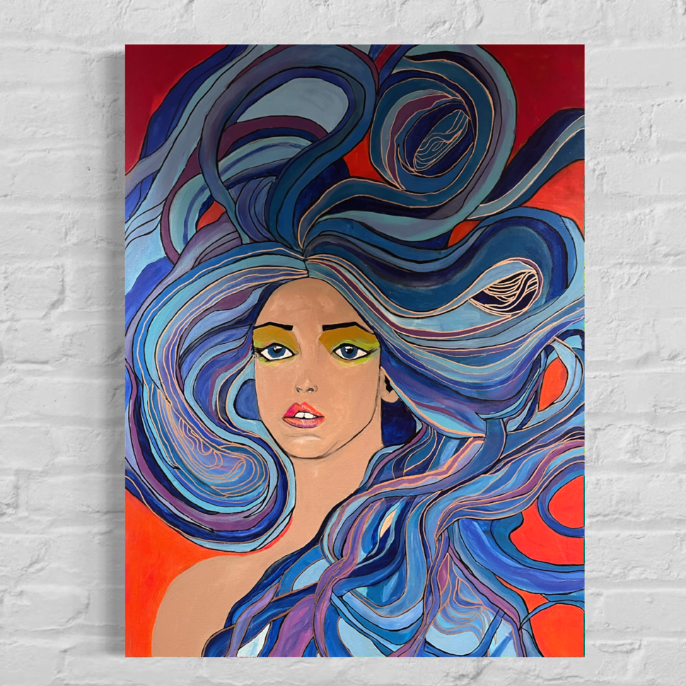 Painting of a girl with blue hair on a orange background hanging on a white brinck wall
