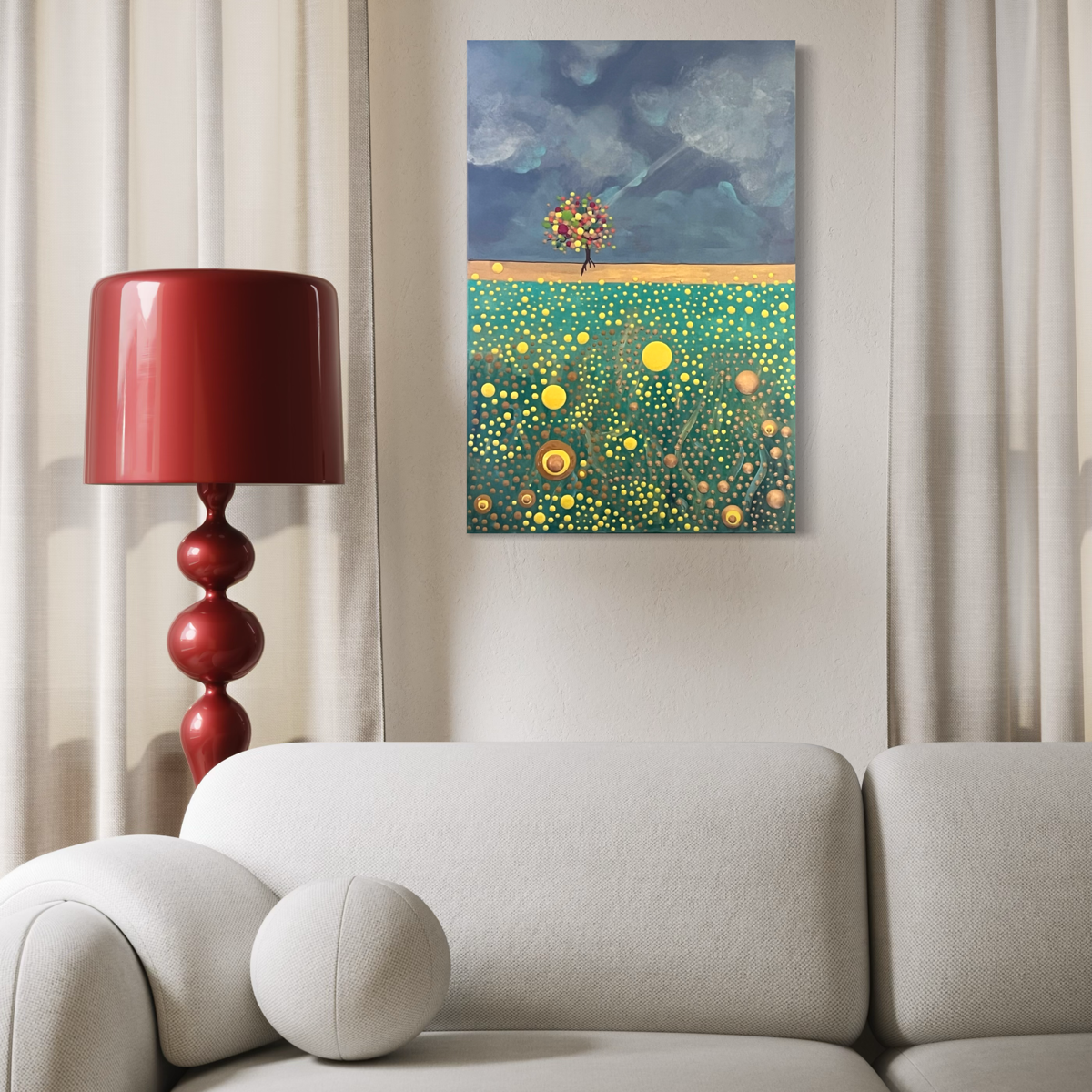 A vertical canvas painting depicting a surreal landscape with a small flower-blossomed tree on a golden path under a cloudy blue sky, above a green and yellow canola field hanging on a living room wall