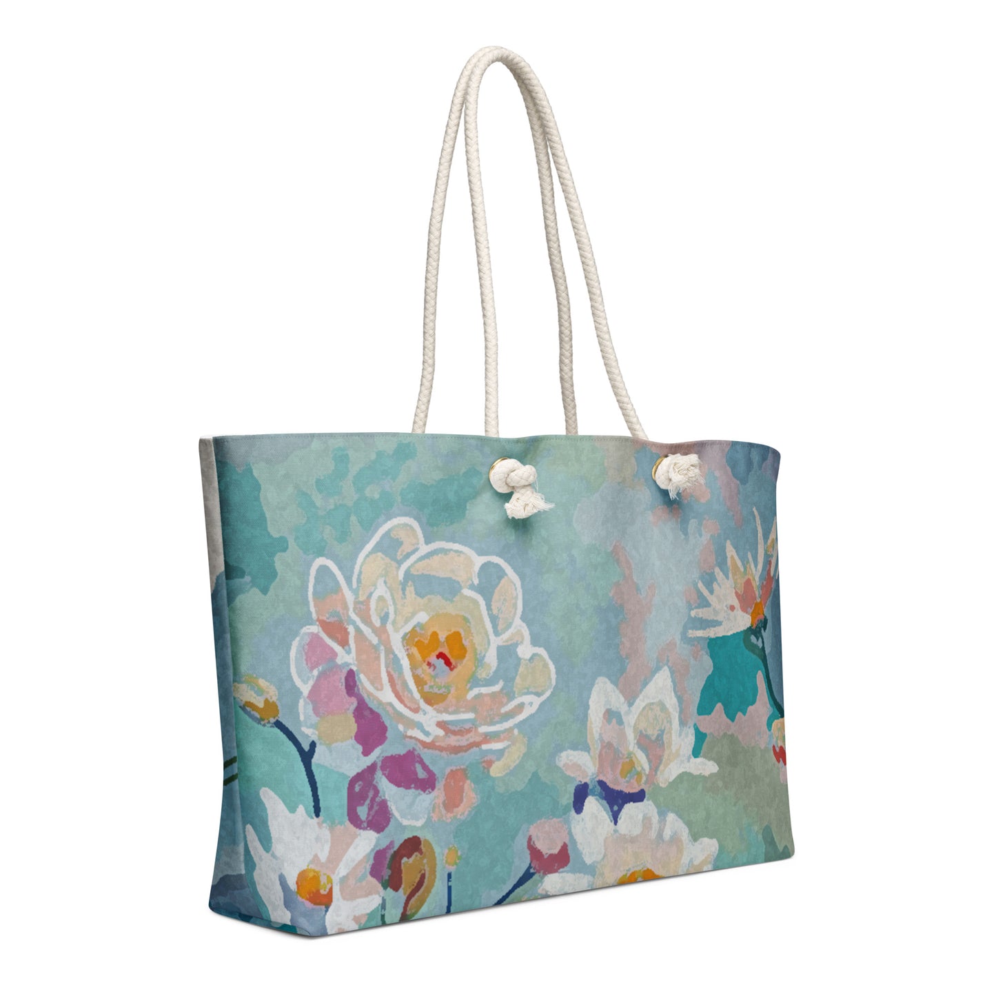 Soft Garden oversized floral travel tote bag original artwork by Hasty other side  view