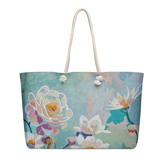 Soft Garden oversized floral travel tote bag original artwork by Hasty front view