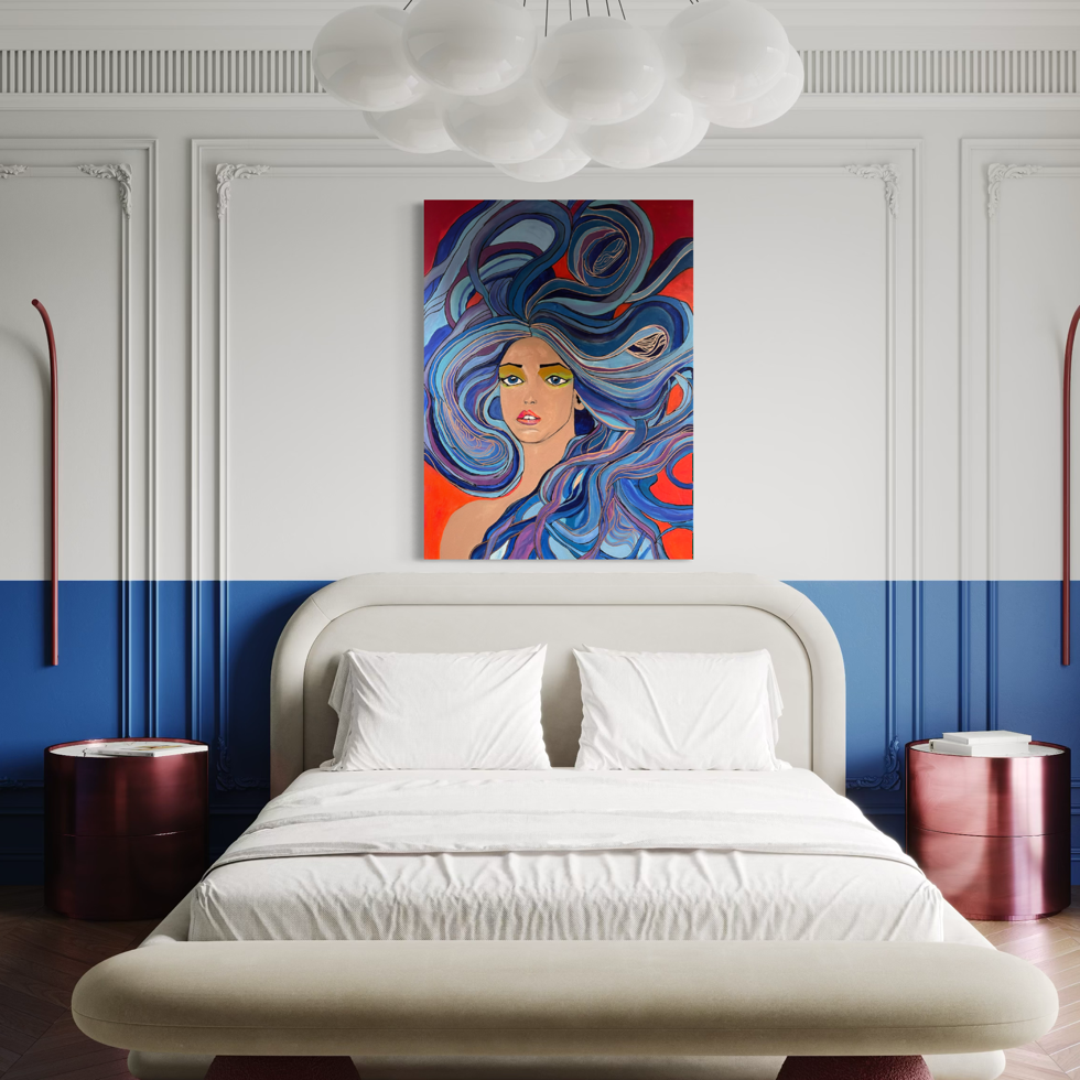 A colorful wall painting depicting a stylized woman with flowing blue e hair on a red-orange background, displayed above a bed in a modern bedroom with white walls, blue paneling, and white cloud-shaped ceiling lights.