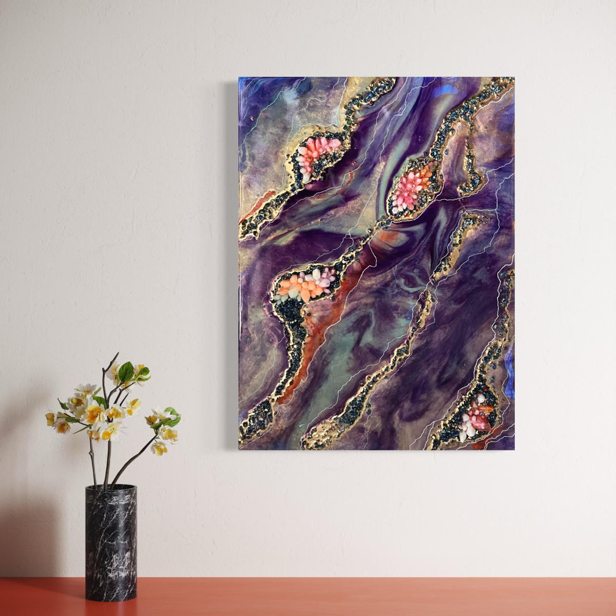 purple geode style art with orange and white chrystals