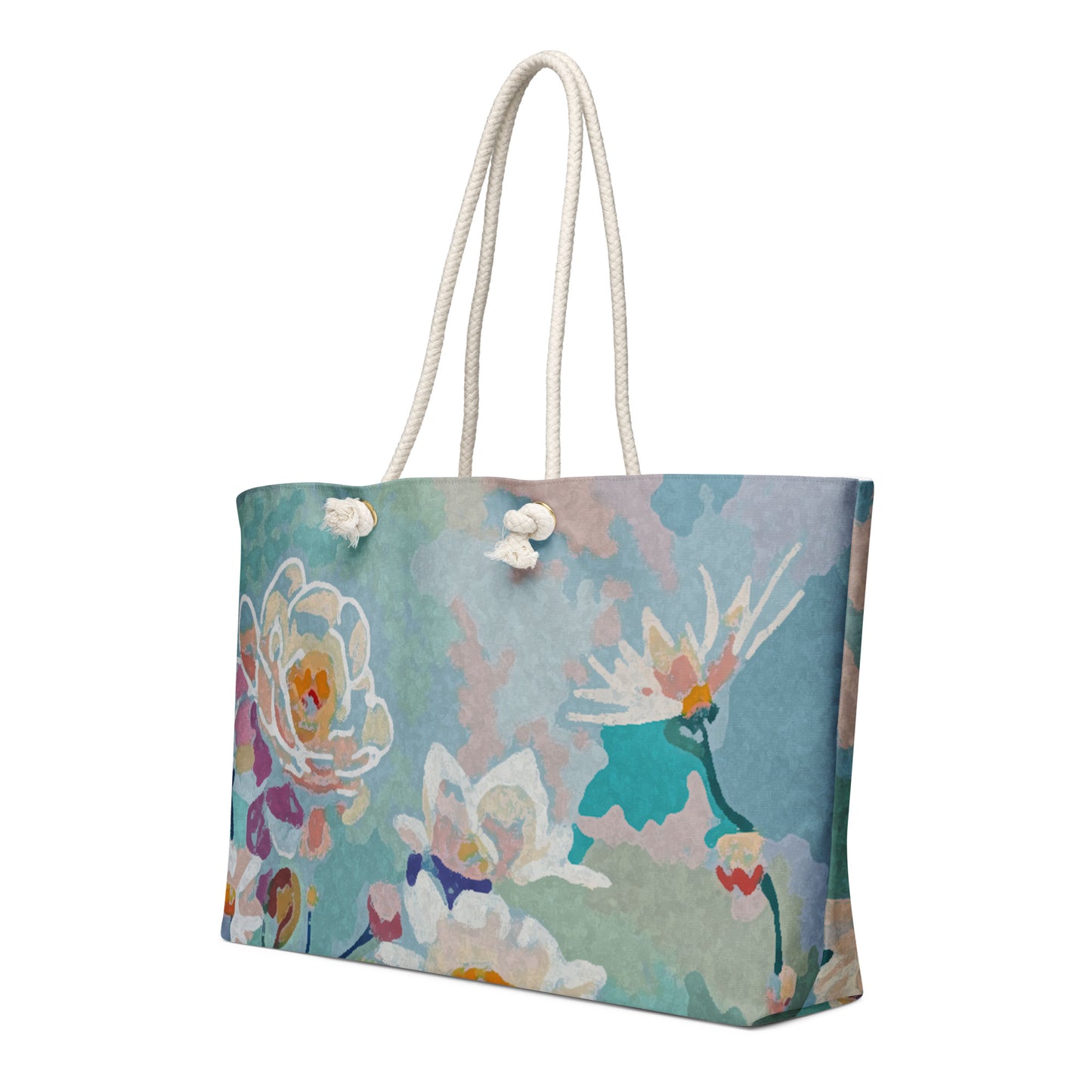 Soft Garden oversized floral travel tote bag original artwork by Hasty side view