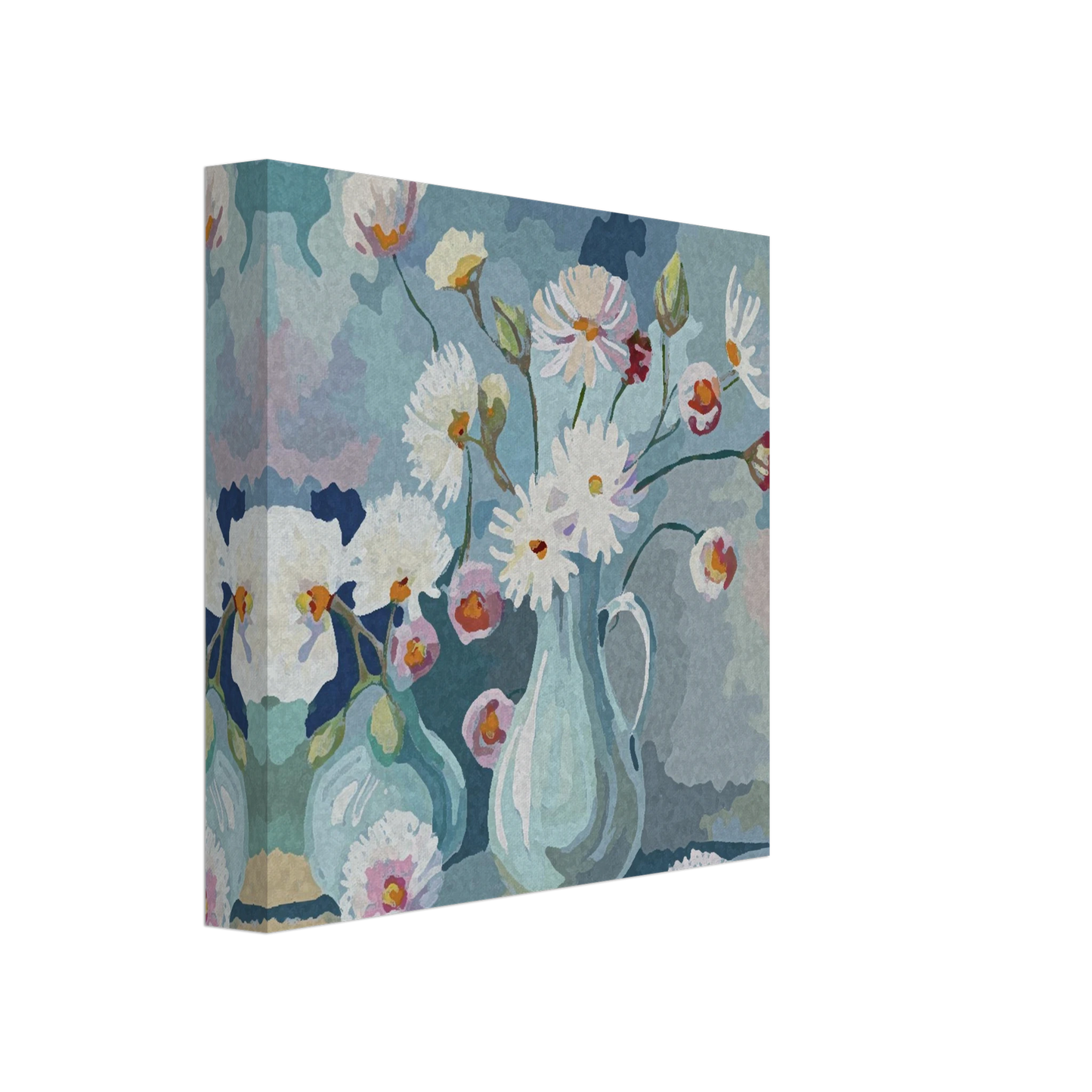 Beautiful white flowers in vases with a soft blue background small canvas