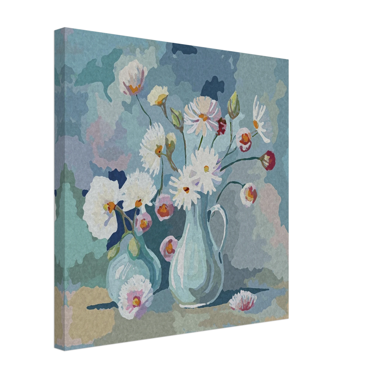 Beautiful white flowers in vases with a soft blue background side view canvas